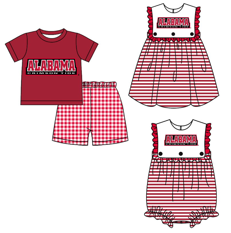 CUSTOM MOQ 5 Sibling Baby Kids Bright Red Top Checked Shorts Clothes Set Knee Length Dress Rompers