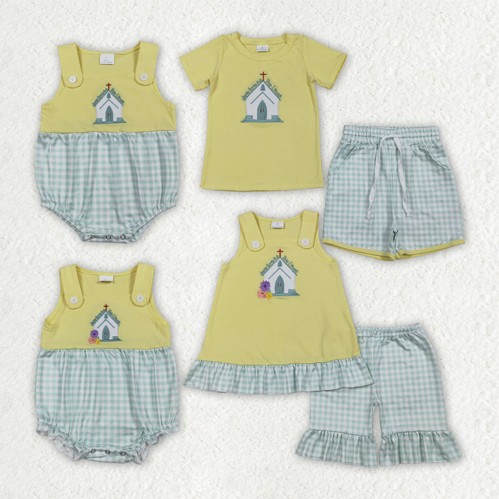 1.17 RTS Sibling Baby Kids Embroidery Church Cross Top Checked Shorts Clothes Set Rompers