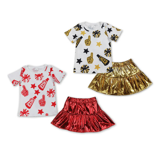 11.12 RTS Sibling Baby Girls Cheer Stars Shirt Top Leather Skirts Clothes Sets