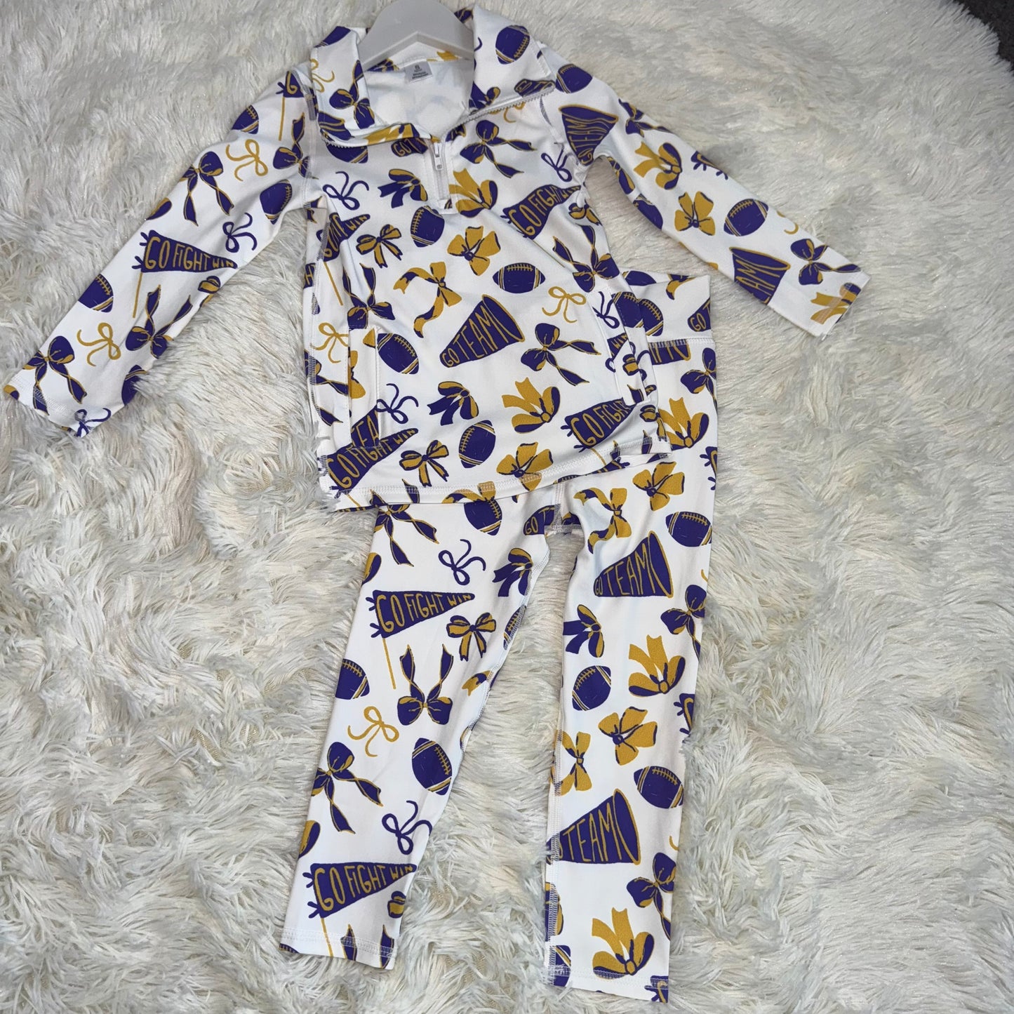 11.15 RST GT1226 Baby Girls Purple Yellow Bows Footballs Go Team Yoga Active Zipper Pockets Pullovers Top Bows Yoga Legging Pants