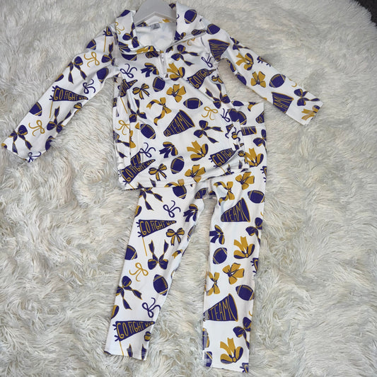 11.15 RST GT1226 Baby Girls Purple Yellow Bows Footballs Go Team Yoga Active Zipper Pockets Pullovers Top Bows Yoga Legging Pants
