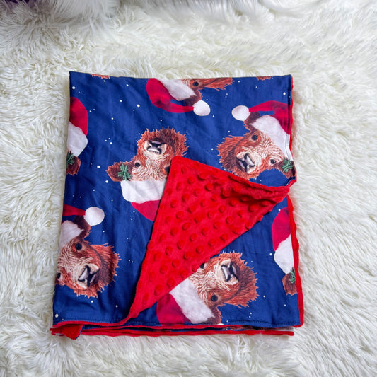 12.4 RTS BL0088 Baby Kids Christmas Western Highland Cows Hats Minky Blankets