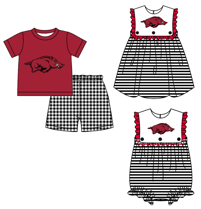 CUSTOM MOQ 5 Sibling Baby Kids Red Top Black Checked Shorts Clothes Set Knee Length Dress Rompers