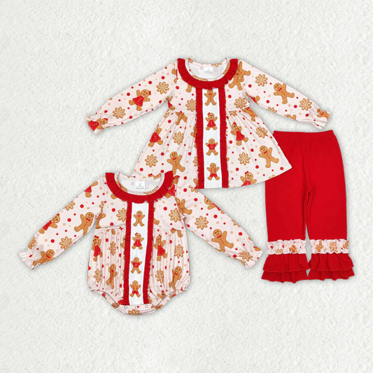 Baby Girls Christmas Gingerbread Bear Red Lace Climbing Suit & Lace Long Sleeve Pants Set