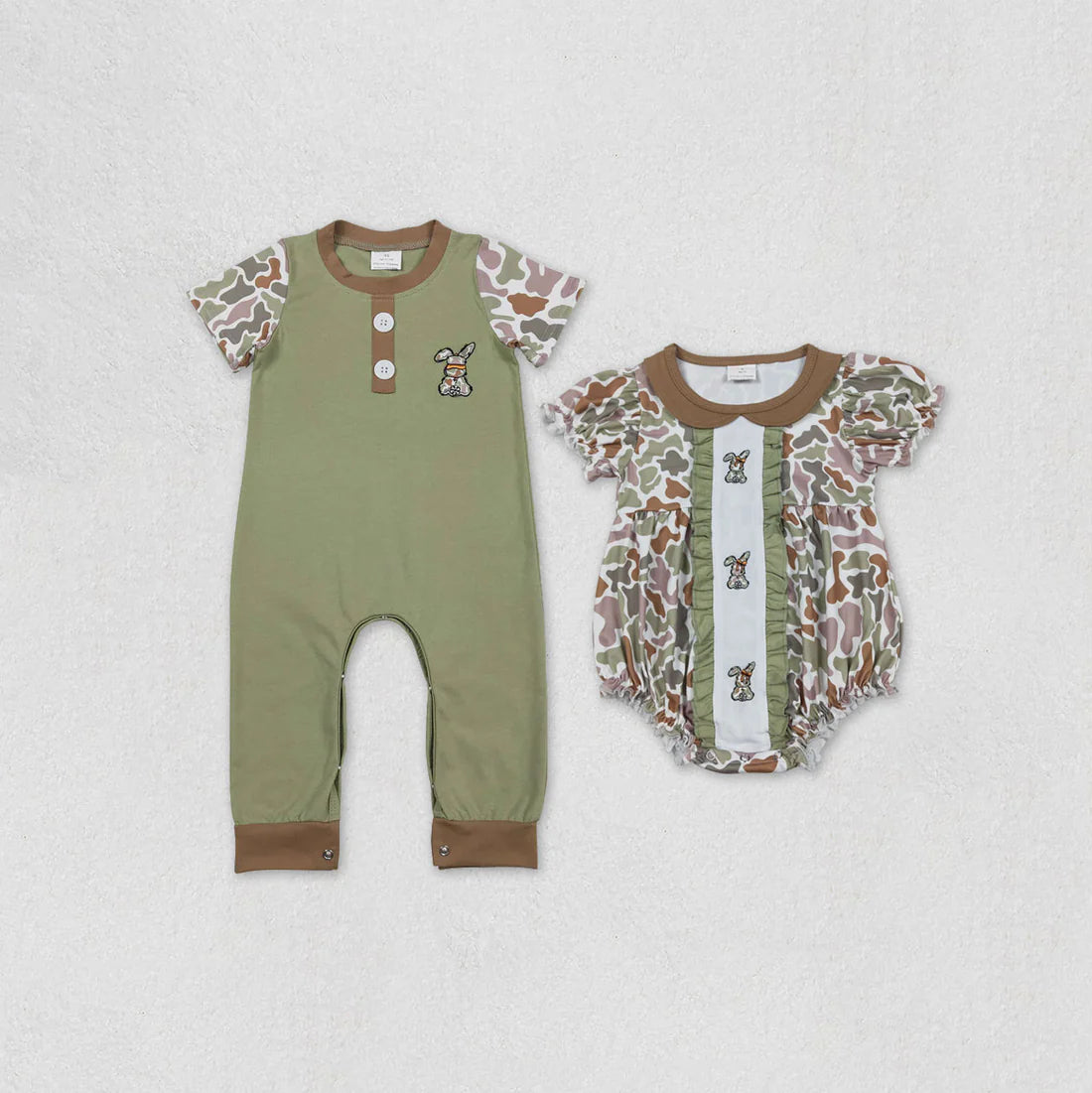 11.25 RST Sibling Baby Boys Girls Embroidery Green Camo Rabbits Rompers