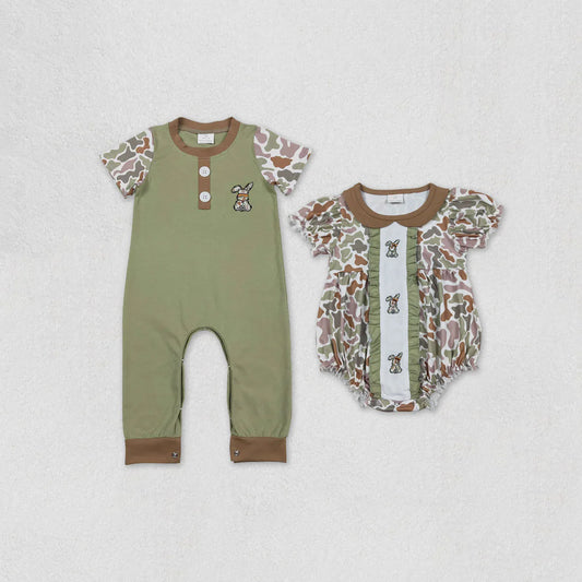 11.25 RST Sibling Baby Boys Girls Embroidery Green Camo Rabbits Rompers