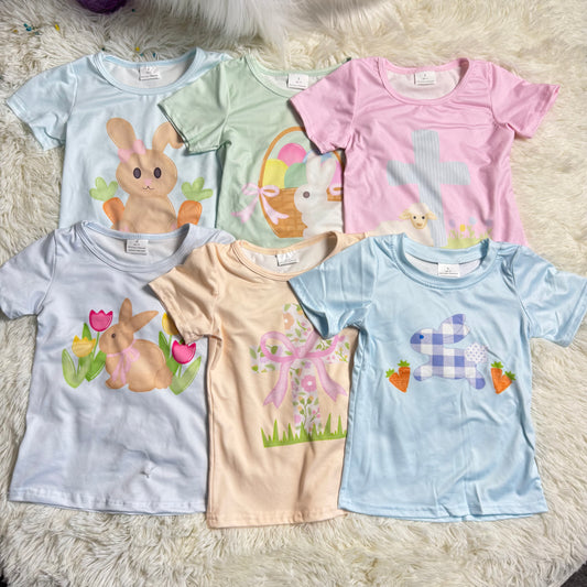 12.15 RST Sibling Baby Girls Short Sleeve Flowers Cross Rabbits Eggs Easter T-shirts Tops