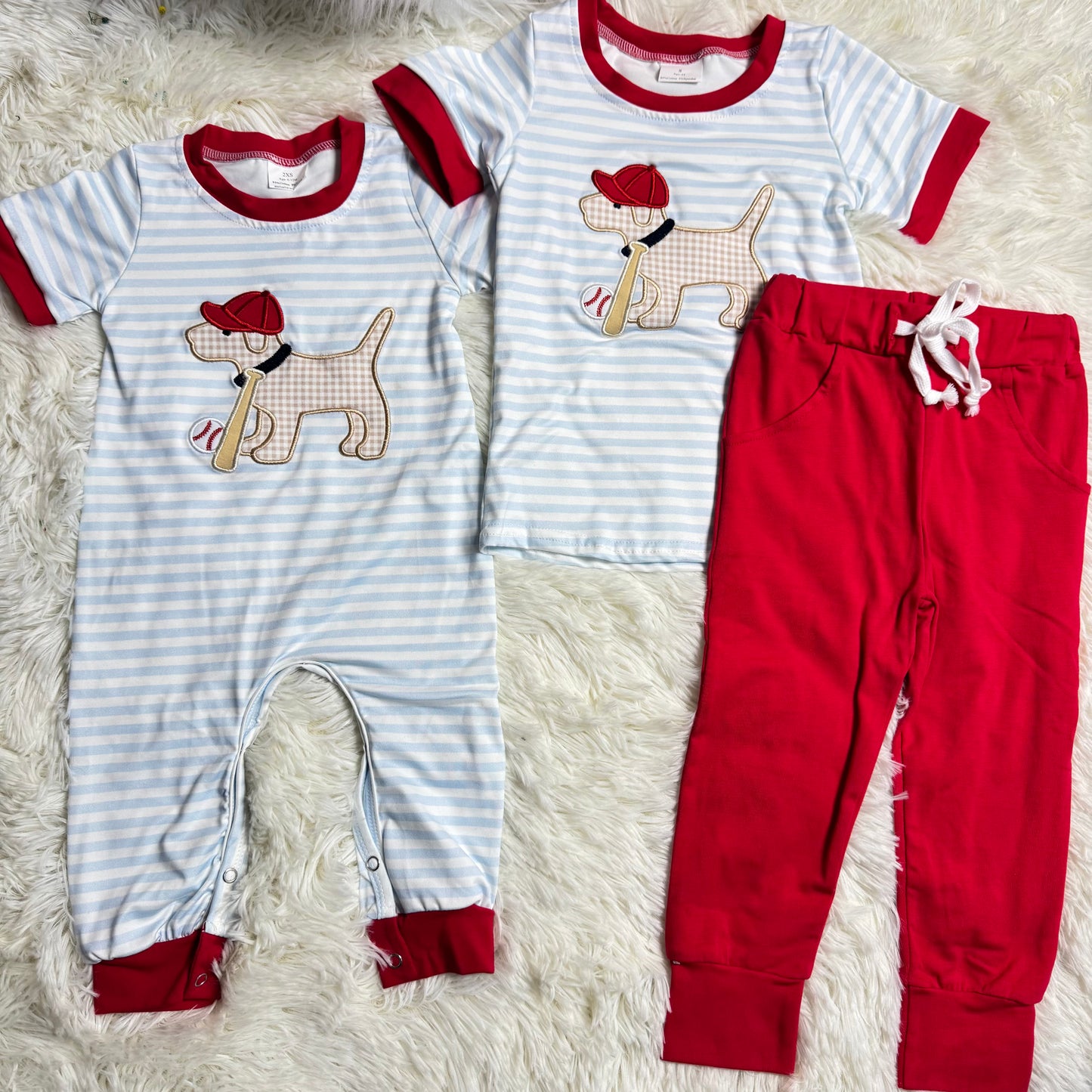 12.13 RTS Sibling Baby Boys Embroidery Baseball Dogs Stripe Pockets Pants Team Set Footie Rompers
