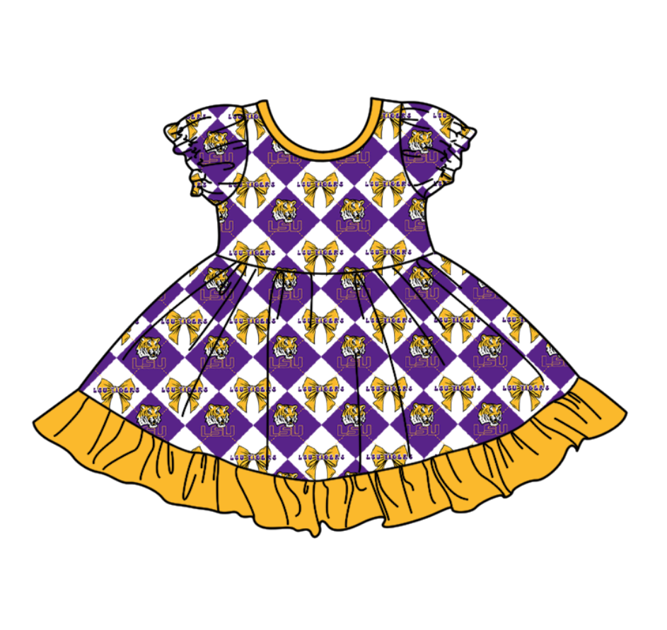 CUSTOM MOQ 5 Baby Girl Purple Bow Plaid Short Sleeve Team Knee Length Dresses
