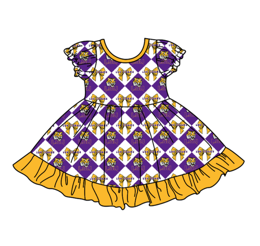 CUSTOM MOQ 5 Baby Girl Purple Bow Plaid Short Sleeve Team Knee Length Dresses