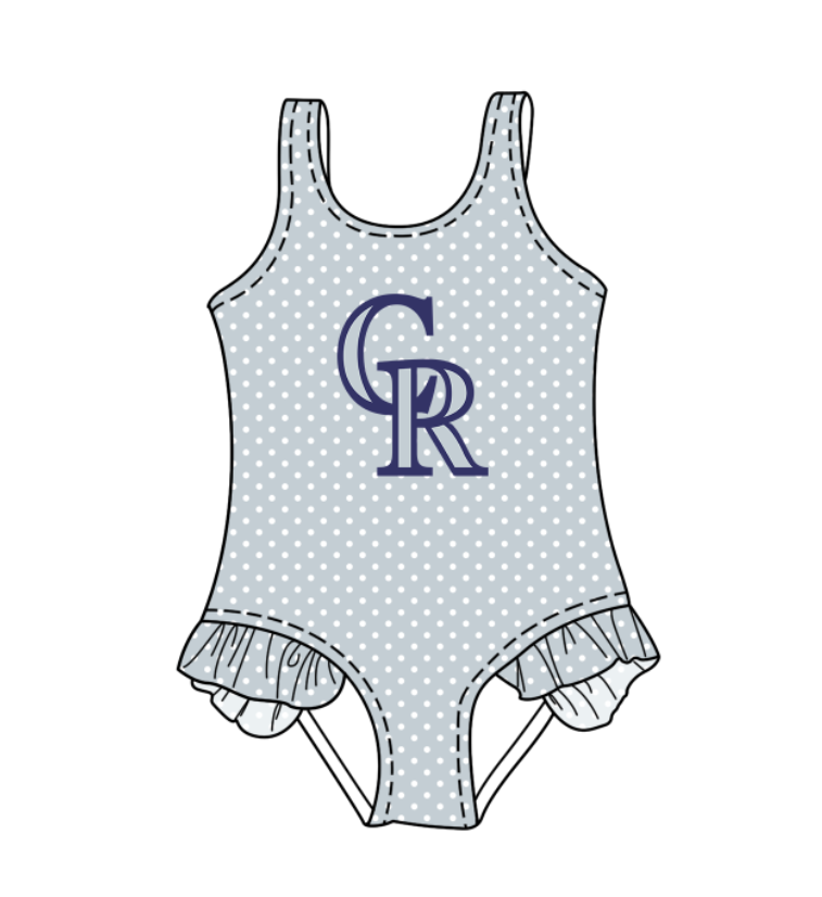 CUSTOM MOQ 5 Cute Comfortable Clothing For Kids Baby Girls Gray CR Polka Dots Ruffle Team One Piece Swimsuits