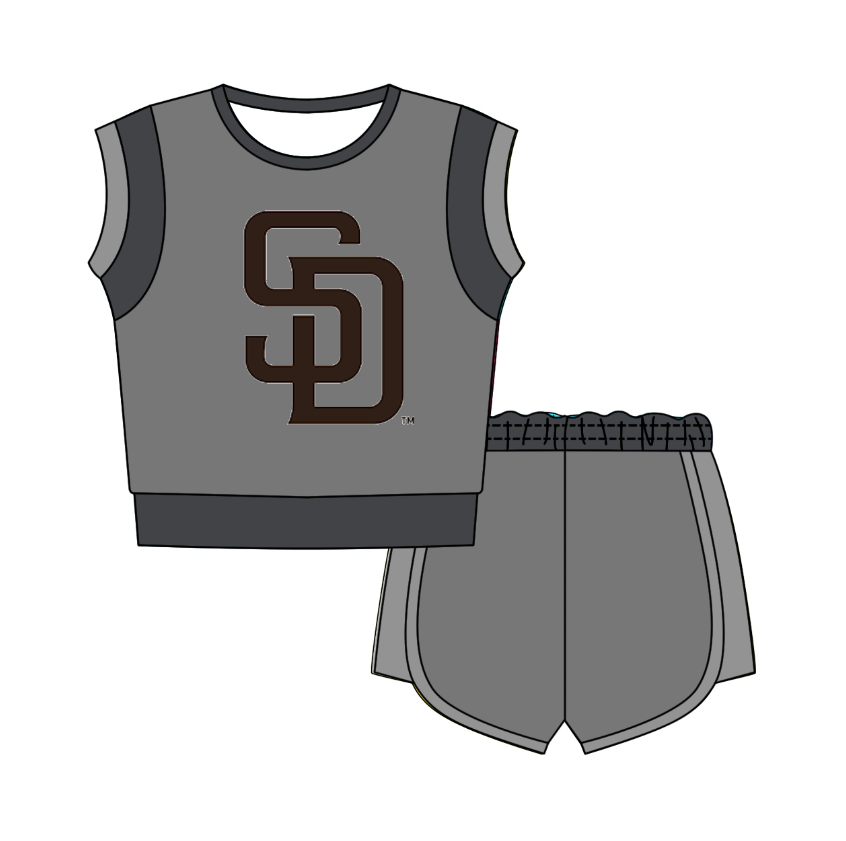 CUSTOM MOQ 5 Cute Comfortable Clothing For Kids Baby Kids Summer Dark Grey Sleeveless Patchwork Top Shorts Clothes Sets