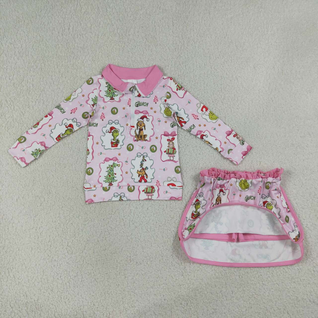 RTS Sibling Baby Girls Long Sleeve Zip Top Skort Holiday Casual Christmas Clothes Set