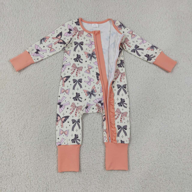 LR3078 Sample No Moq Baby Girls Bows Spiders Halloween Two Way Ruffle Zip Convertible Romper