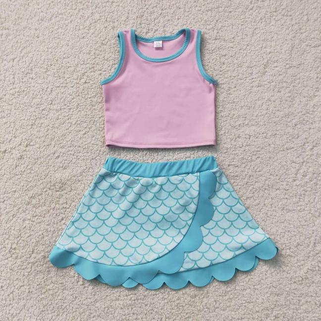 GSD4083  RTS NO MOQ （In stock）Baby Girls Lavender Aqua Mermaid Vest Scallop Skirt Short Yoga Active Clothes Set