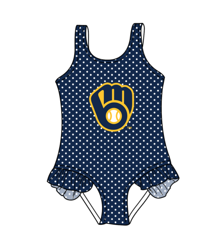 CUSTOM MOQ 5 Cute Comfortable Clothing For Kids Baby Girls Blue Gloves Polka Dots Ruffle Team One Piece Swimsuits