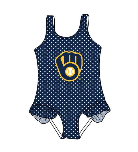 CUSTOM MOQ 5 Cute Comfortable Clothing For Kids Baby Girls Blue Gloves Polka Dots Ruffle Team One Piece Swimsuits