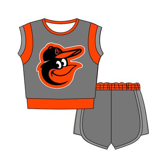 CUSTOM MOQ 5 Cute Comfortable Clothing For Kids Baby Kids Summer Orange Grey Sleeveless Patchwork Top Shorts Clothes Sets