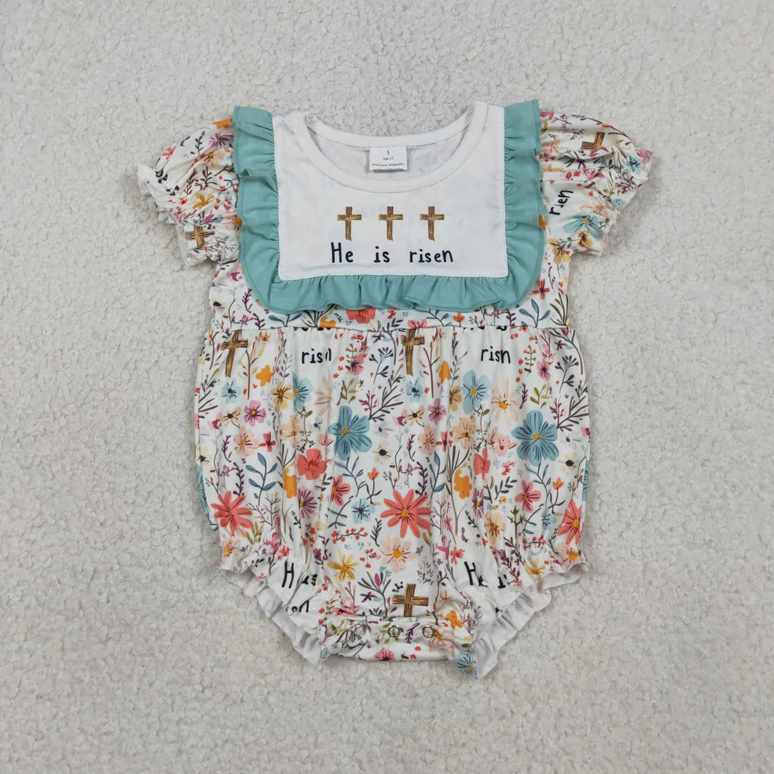 1.21 RTS Sibling Baby Girls He is Risen Crosses Flowers Easter Knee Length Dresses Rompers