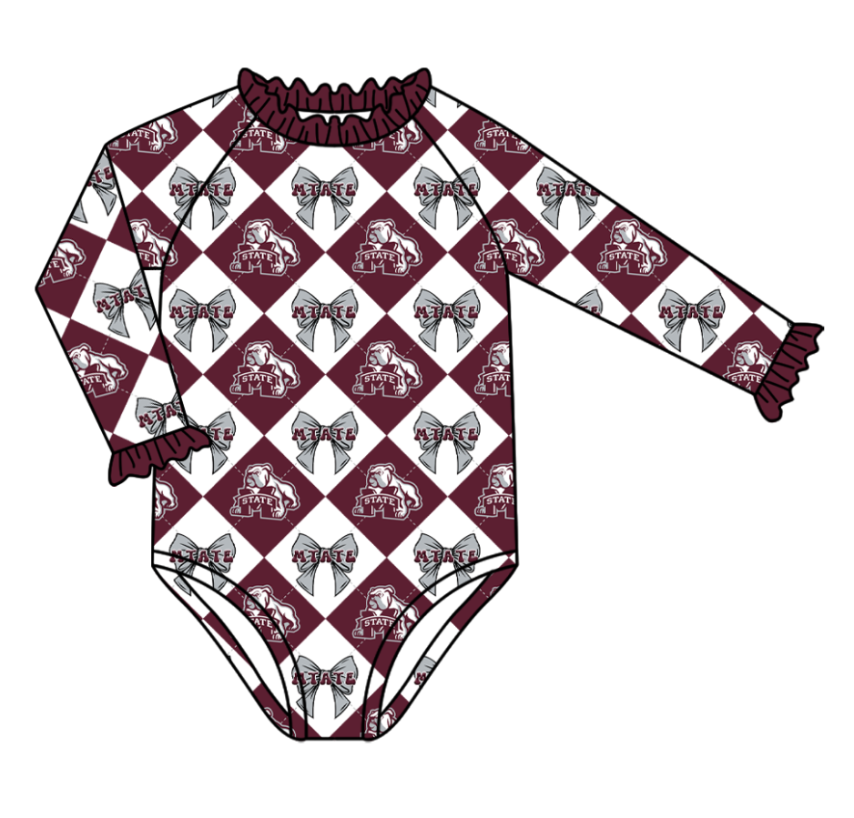 CUSTOM MOQ 5 Baby Girl Clothes Brownish Red Bow Plaid Team Long Sleeve Swimsuits