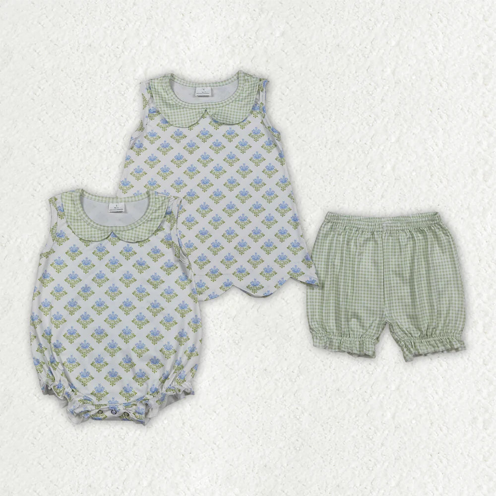 3.26 RTS Sibling Baby Girls Flowers Checked Collar Scallop Tunic Ruffle Short Clothes Set Rompers