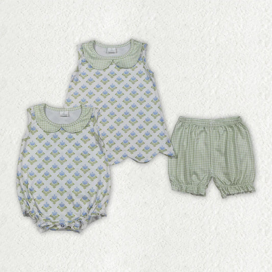 3.26 RTS Sibling Baby Girls Flowers Checked Collar Scallop Tunic Ruffle Short Clothes Set Rompers