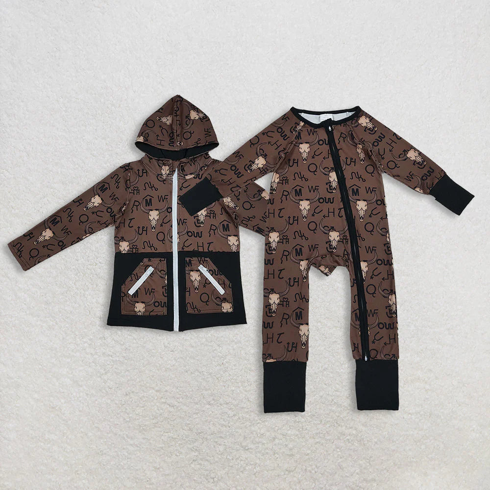 11.13 RTS Sibling Baby Boys Brown Bull Skulls Pants Western Pajamas Sets Zipper Footie Rompers