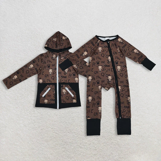 11.13 RTS Sibling Baby Boys Brown Bull Skulls Pants Western Pajamas Sets Zipper Footie Rompers