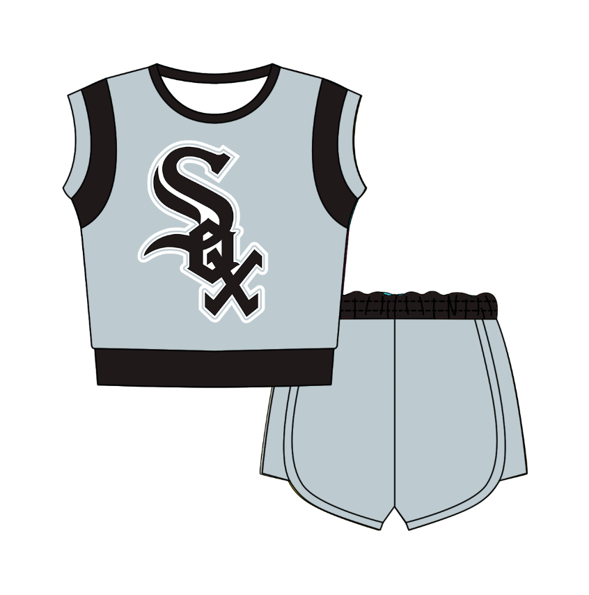 CUSTOM MOQ 5 Cute Comfortable Clothing For Kids Baby Kids Summer Light Grey Sleeveless Patchwork Top Shorts Clothes Sets