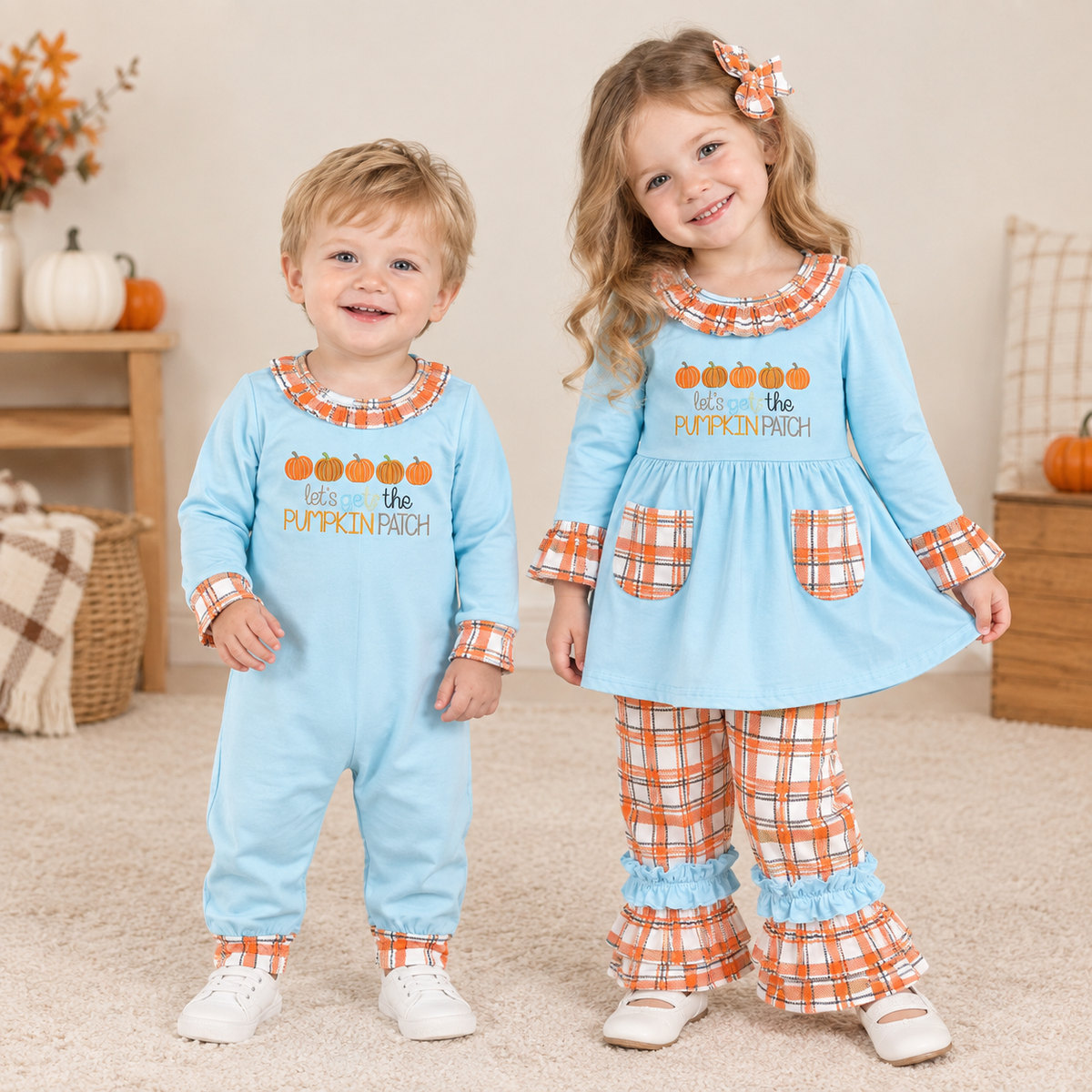 RTS NO MOQ Sibling milk silk Baby Girls Blue Pumpkin Ruffle Top and Plaid Ruffle Pants Set Long Sleeve Romper