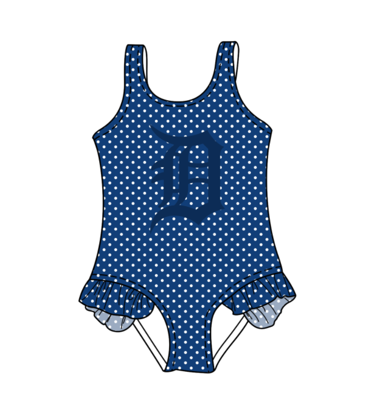 CUSTOM MOQ 5 Cute Comfortable Clothing For Kids Baby Girls Blue Polka Dots Ruffle Team One Piece Swimsuits