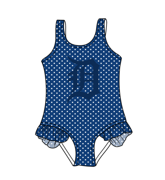 CUSTOM MOQ 5 Cute Comfortable Clothing For Kids Baby Girls Blue Polka Dots Ruffle Team One Piece Swimsuits
