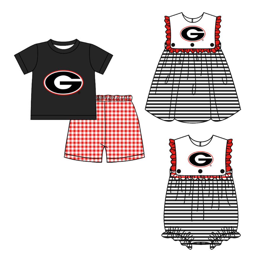 CUSTOM MOQ 5 Sibling Baby Kids Black Top Checked Shorts Clothes Set Knee Length Dress Rompers