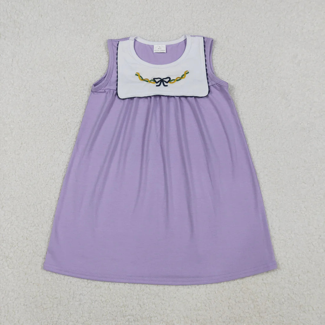 11.7 RTS Sibling Baby Girls Mardigras Lavender Embroidery Bows Knee Length Dress Ruffle Rompers