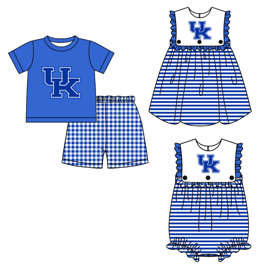 CUSTOM MOQ 5 Sibling Baby Kids Blue UK Top Checked Shorts Clothes Set Knee Length Dress Rompers
