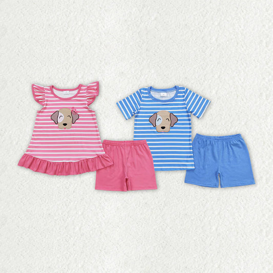 1.14 RTS Sibling Baby Boys Girls Stripes Embroidery Dogs Summer Clothes Sets