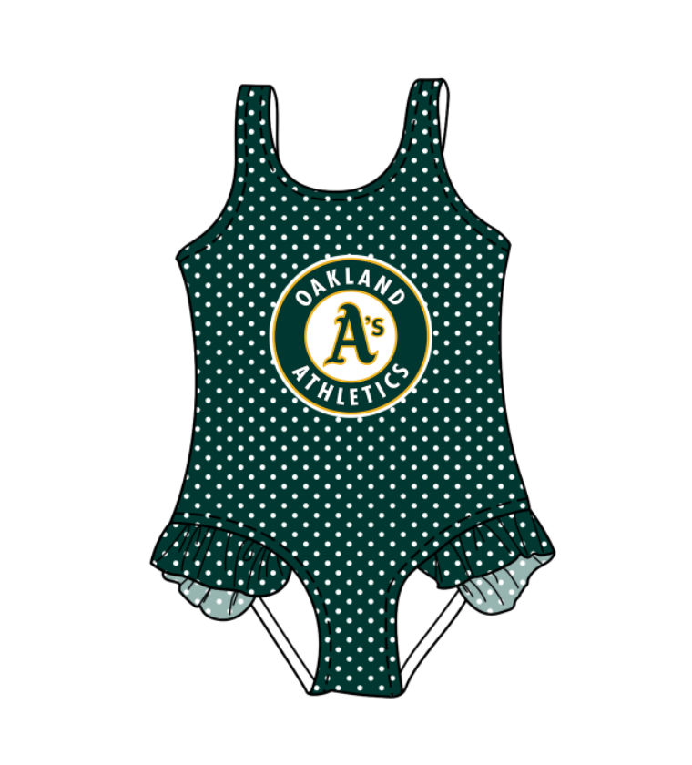 CUSTOM MOQ 5 Cute Comfortable Clothing For Kids Baby Girls Green A Polka Dots Ruffle Team One Piece Swimsuits