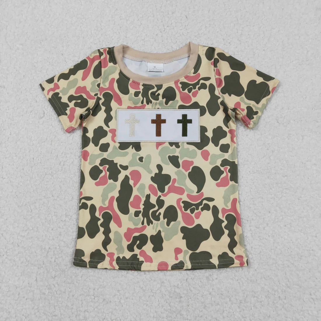 USA Warehouse (IN STOCK) BT1395 Embroidery Crosses Baby Boys Short Sleeve Camo Easter T-shirts Top