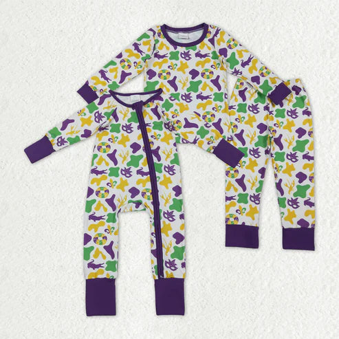 10.15 RTS Sibling Baby Boys Mardigras Camo Crayfishes Top Pants Pajamas Sets Zipper Footie Rompers