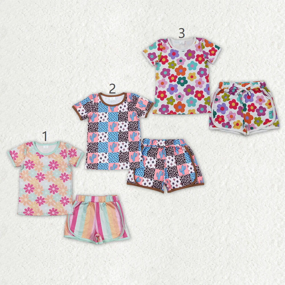 2.27 RTS Sibling Baby Girls Short Sleeve Colorful Flowers Cactus Top Shorts Pajamas Clothes Sets