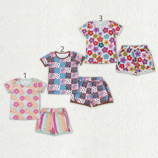 2.27 RTS Sibling Baby Girls Short Sleeve Colorful Flowers Cactus Top Shorts Pajamas Clothes Sets