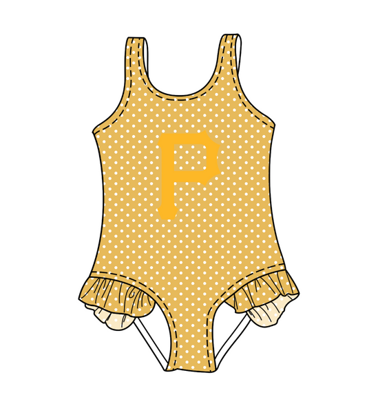 CUSTOM MOQ 5 Cute Comfortable Clothing For Kids Baby Girls Yellow P Polka Dots Ruffle Team One Piece Swimsuits