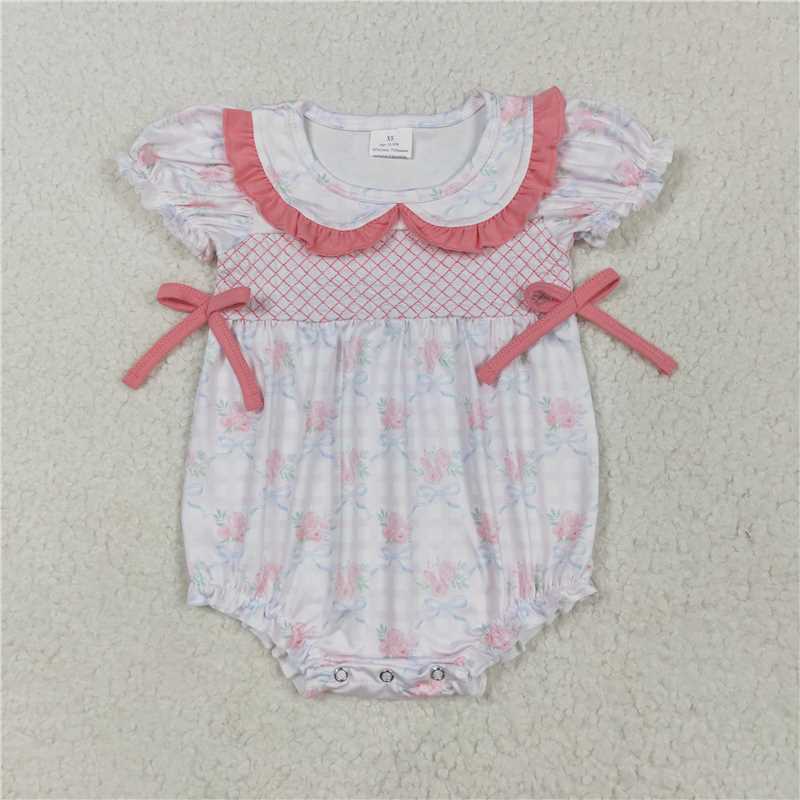 12.19 RTS NO MOQ （In stock）Matching SR2917 Embroidery Baby Infant Girls Pink Short Ruffle Sleeves Floral Bows Rompers