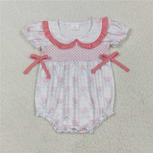 12.19 RTS NO MOQ （In stock）Matching SR2917 Embroidery Baby Infant Girls Pink Short Ruffle Sleeves Floral Bows Rompers