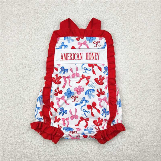 12.19 RTS NO MOQ （In stock）Matching  4th Of July SR3048 Baby Girls Red Strap American Honey Blue Bows 4th Of July Rompers