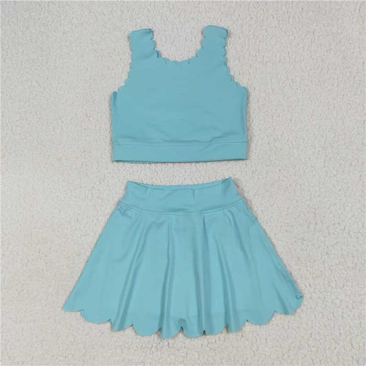 12.15 RTS NO MOQ （In stock）Matching GSD2096 Baby Girls Aqua Yoga Vest Skirt Active Wear Clothes Sets