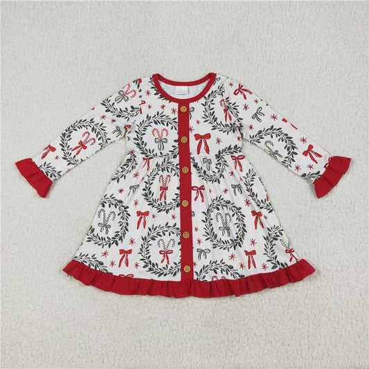 11.20 RTS NO MOQ （In stock）GLD1082 Baby Girls Christmas Green Red Bows Button Knee Length Dresses