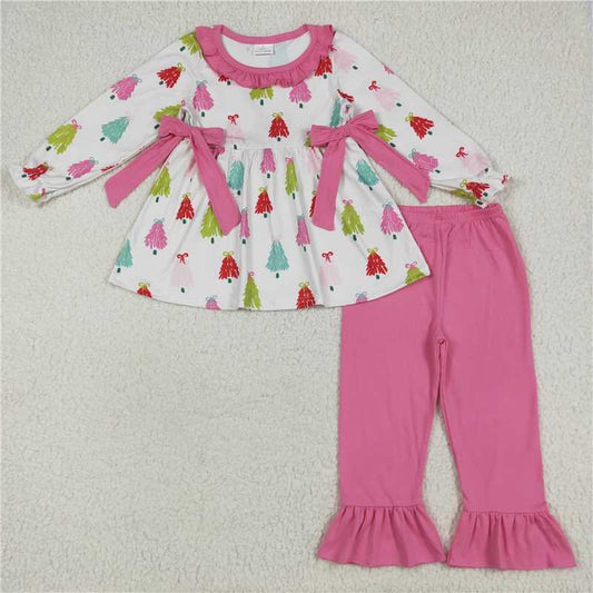 12.6 RTS NO MOQ （In stock）GLP2422 Baby Girls Christmas Bows Trees Tunic Ruffle Pants Sets