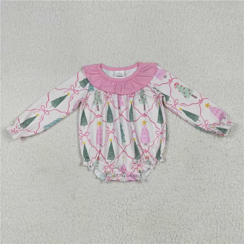 11.28 RTS NO MOQ （In stock）LR2275 Baby Girls Long Sleeves Pink Bows Trees Plaid Ruffle Rompers