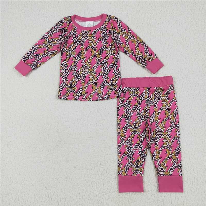 11.25 RTS NO MOQ （In stock）Matching GLP2393 Baby Girls Long Sleeves Pink Lightning Leopard Top Pant Pajamas Sets